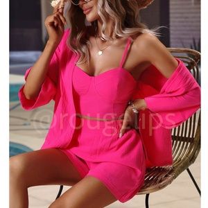 Shorts Set: Cami Crop Top, Button Up Shirt & Shorts in Hot Pink